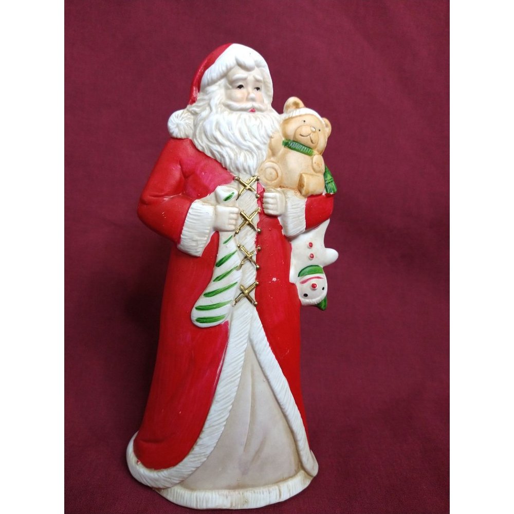 Porcelain Santa Figurine holding teddy bear, Christmas, Holiday
